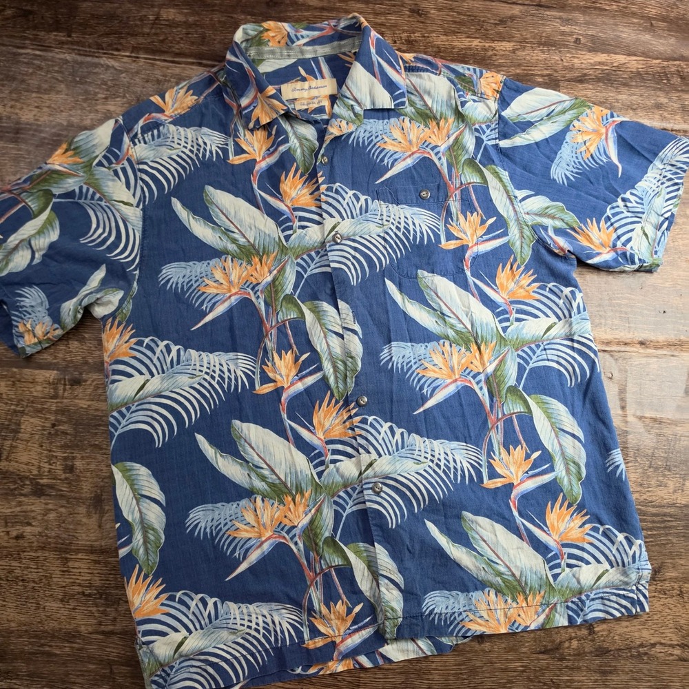 TOMMY BAHAMA Button Down Mens Large Blue Silk Bird of Paradise Tropical Shirt